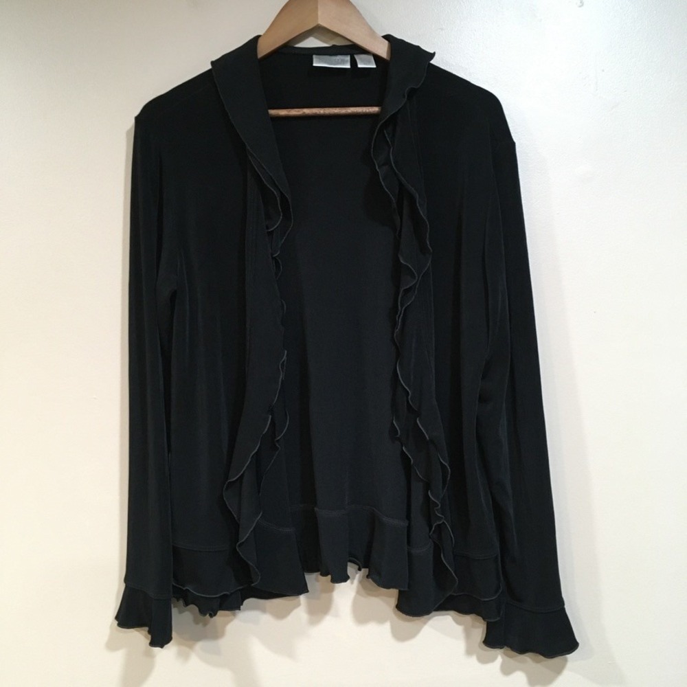 Chicos Travelers Sz 2 Ruffle Open Front Cardigan Women L Black Slinky Minimalist